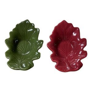 Old Time Pottery Set 2 Green & Red Harvest Leaves Trinket Dish Tea Lite Holder